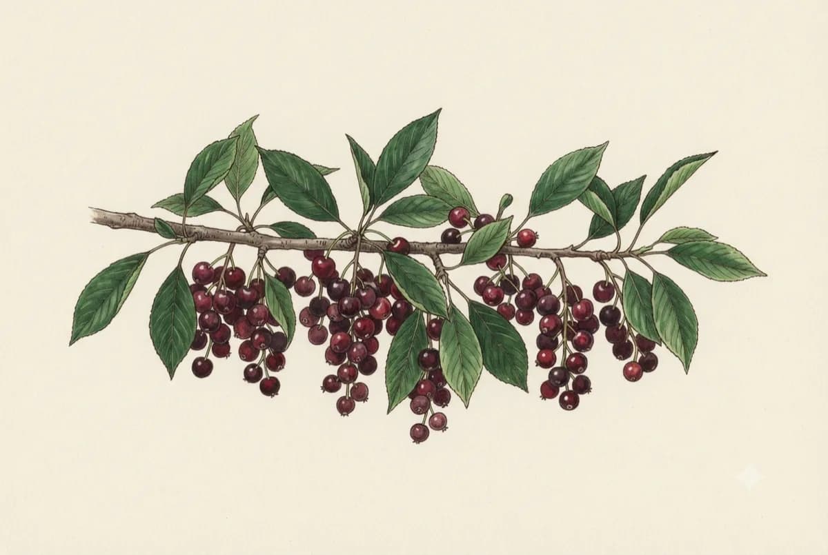 Capulín (Prunus serotina), lámina botánica